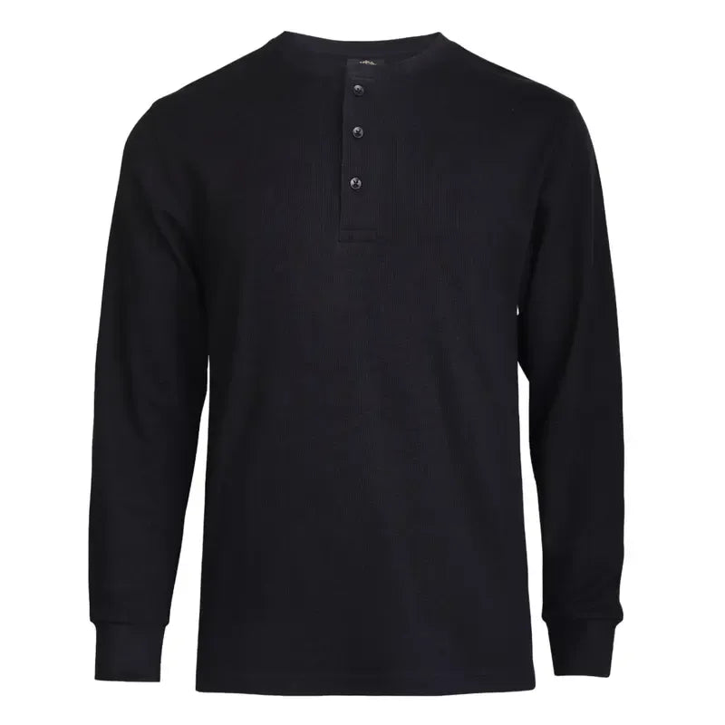 Men's casual long sleeve thermal waffle knit Henley shirt in a neutral color, perfect for layering.