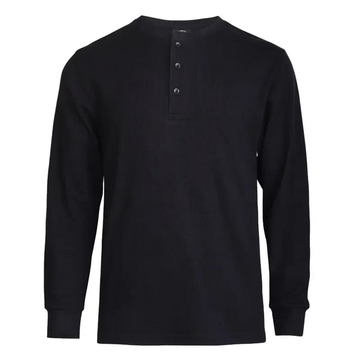 Men's casual long sleeve thermal waffle knit Henley shirt in a neutral color, perfect for layering.