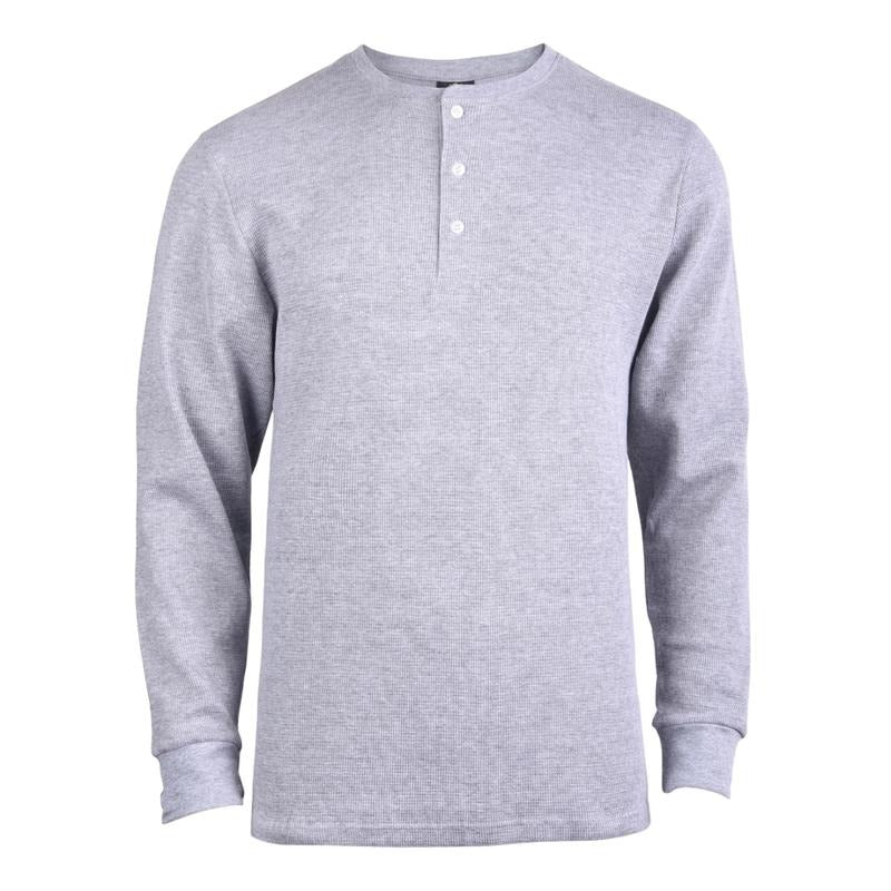 Close-up of the textured waffle knit fabric on a men's stylish Henley long sleeve shirt.
