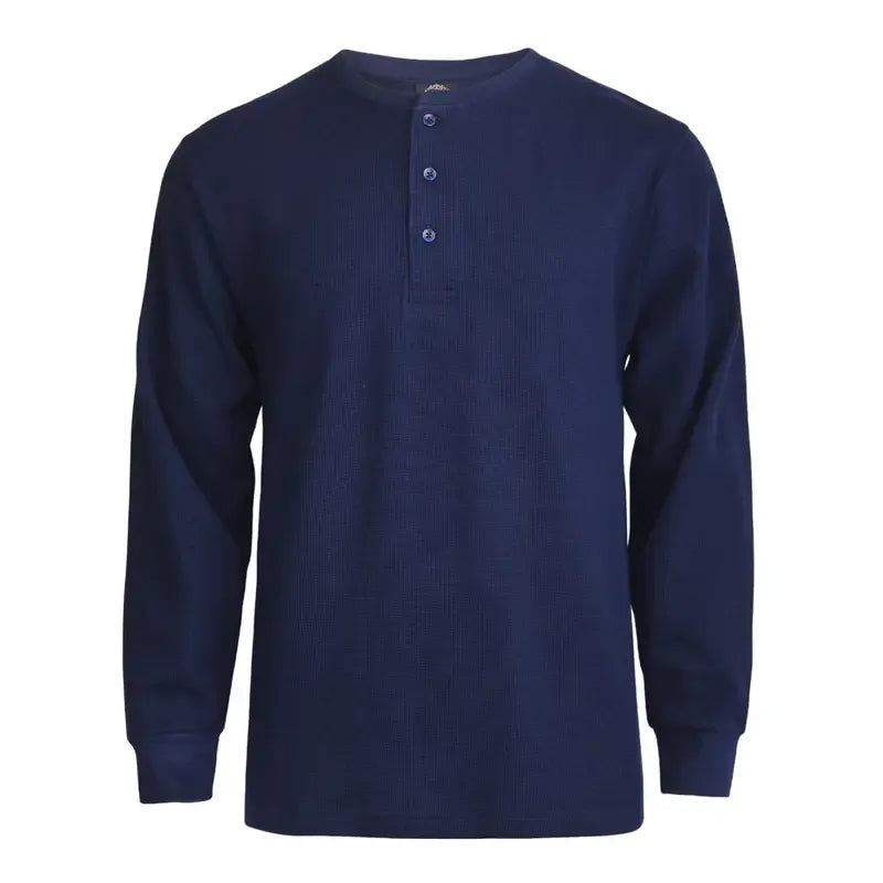 Classic men's long sleeve Henley shirt with button placket, crafted from comfortable waffle knit cotton.
