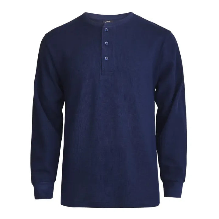 Classic men's long sleeve Henley shirt with button placket, crafted from comfortable waffle knit cotton.