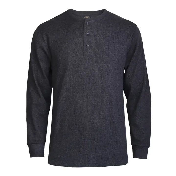 Casual men's fashion: long sleeve waffle knit Henley top in a versatile shade, great for layering.