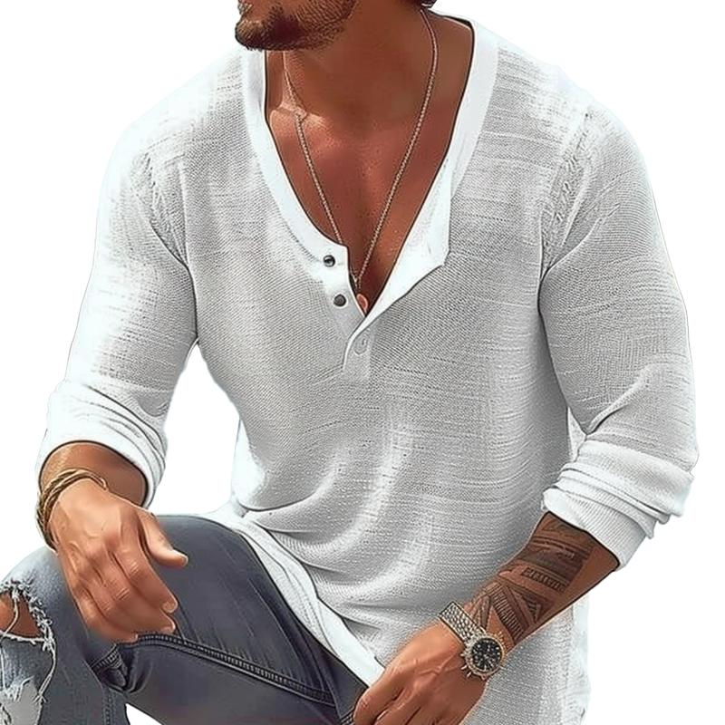 Men's casual long sleeve U-neck Henley tee for everyday comfort. Versatile men's spring/fall fashion.