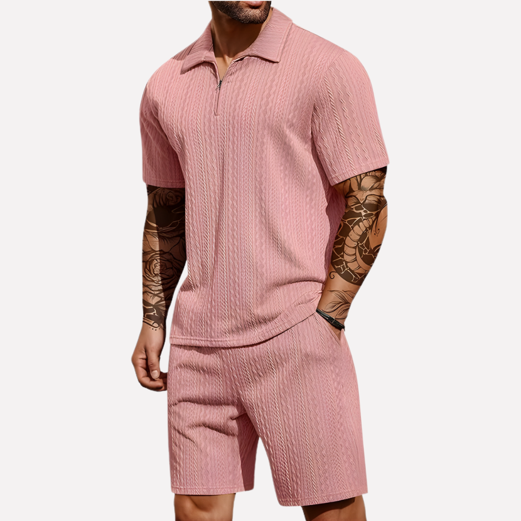 Modern men's quarter-zip polo and shorts, an essential for a comfortable summer outfit.