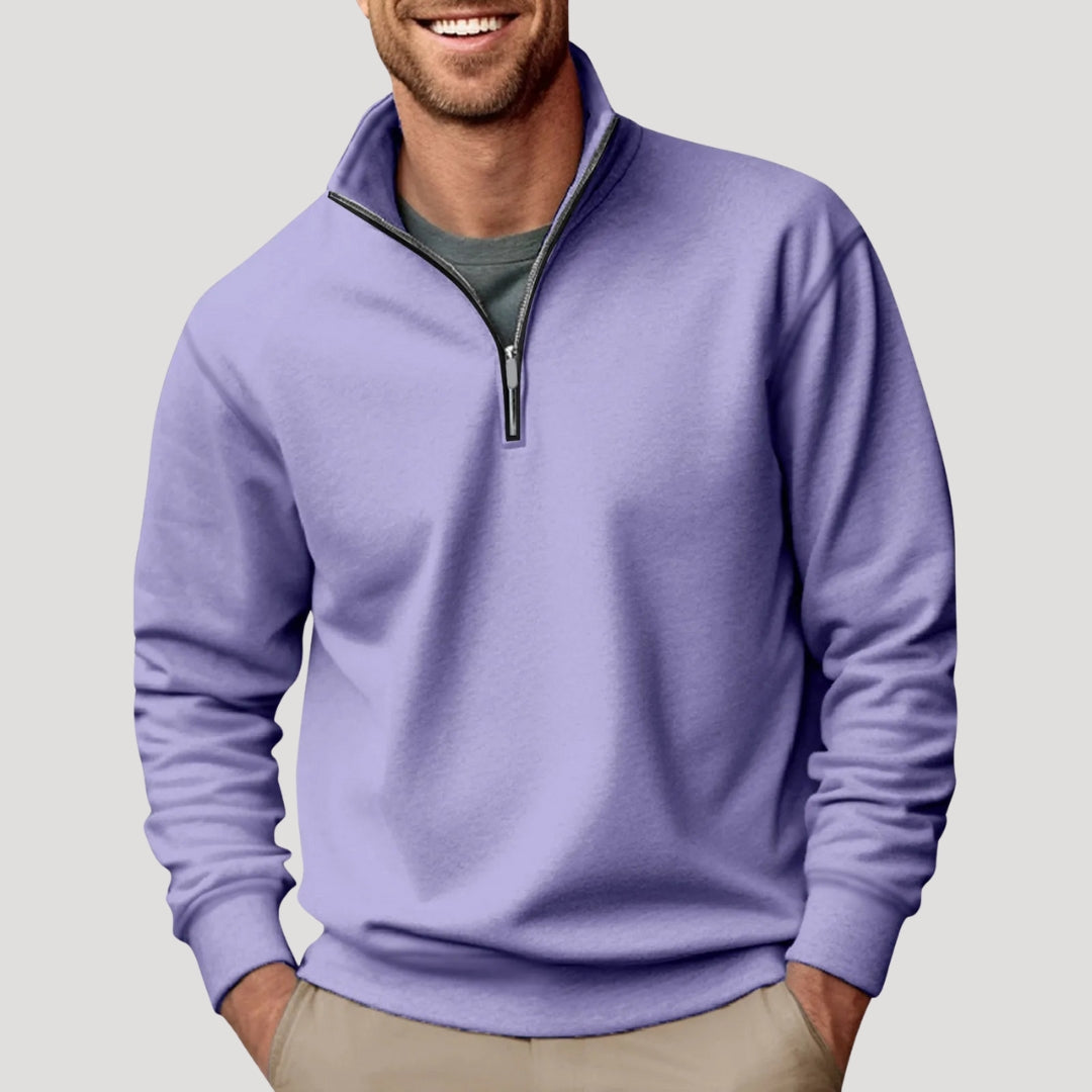 Man wearing a comfortable men's casual quarter-zip sweatshirt, relaxed fit fashion
