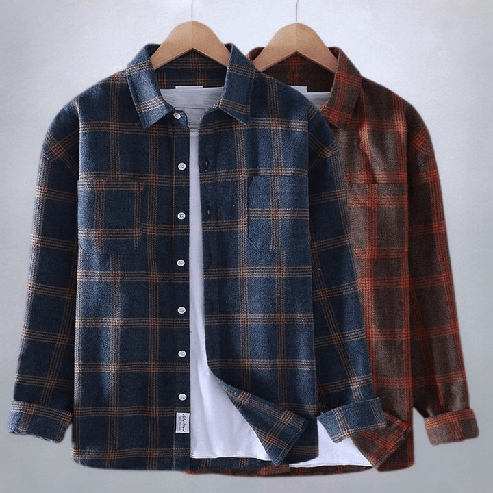 Full view of a men's comfortable checkered button-down shirt, a versatile long-sleeve top for casual occasions.