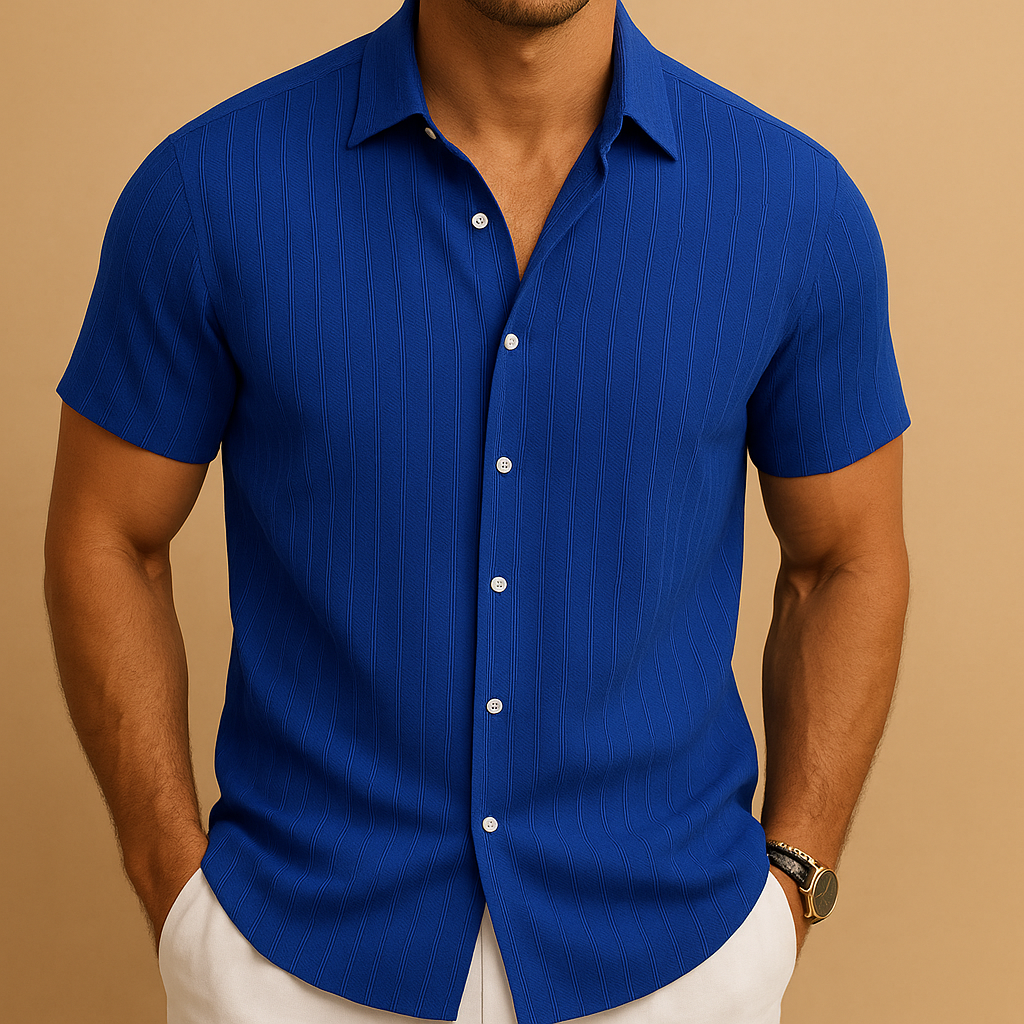 Slim fit men's button-up shirt with short sleeves, a comfortable and stylish option for warm weather.