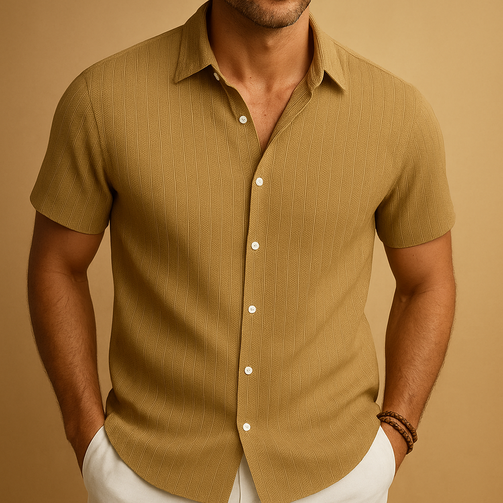 Elegant short sleeve men's collared shirt, button-up, suitable for both casual and dressier summer events.