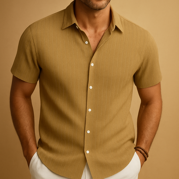 Elegant short sleeve men's collared shirt, button-up, suitable for both casual and dressier summer events.