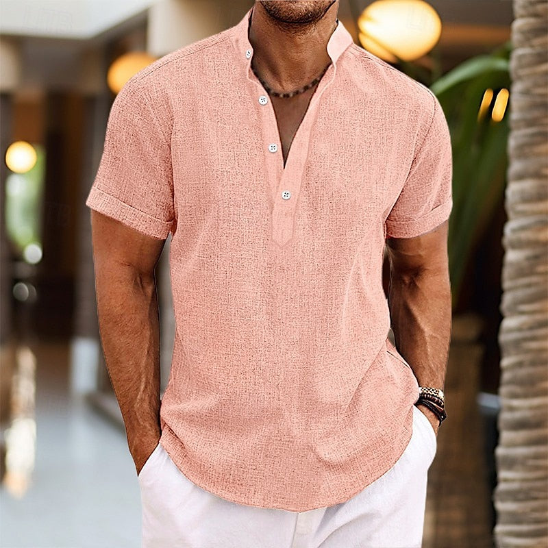 Men's casual short sleeve Henley shirt in navy, perfect for summer everyday wear. Relaxed fit button placket.