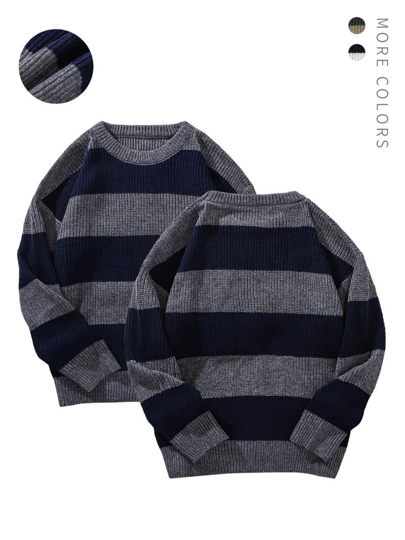 Men's casual striped crew neck knit sweater in cotton blend, perfect for winter fashion.