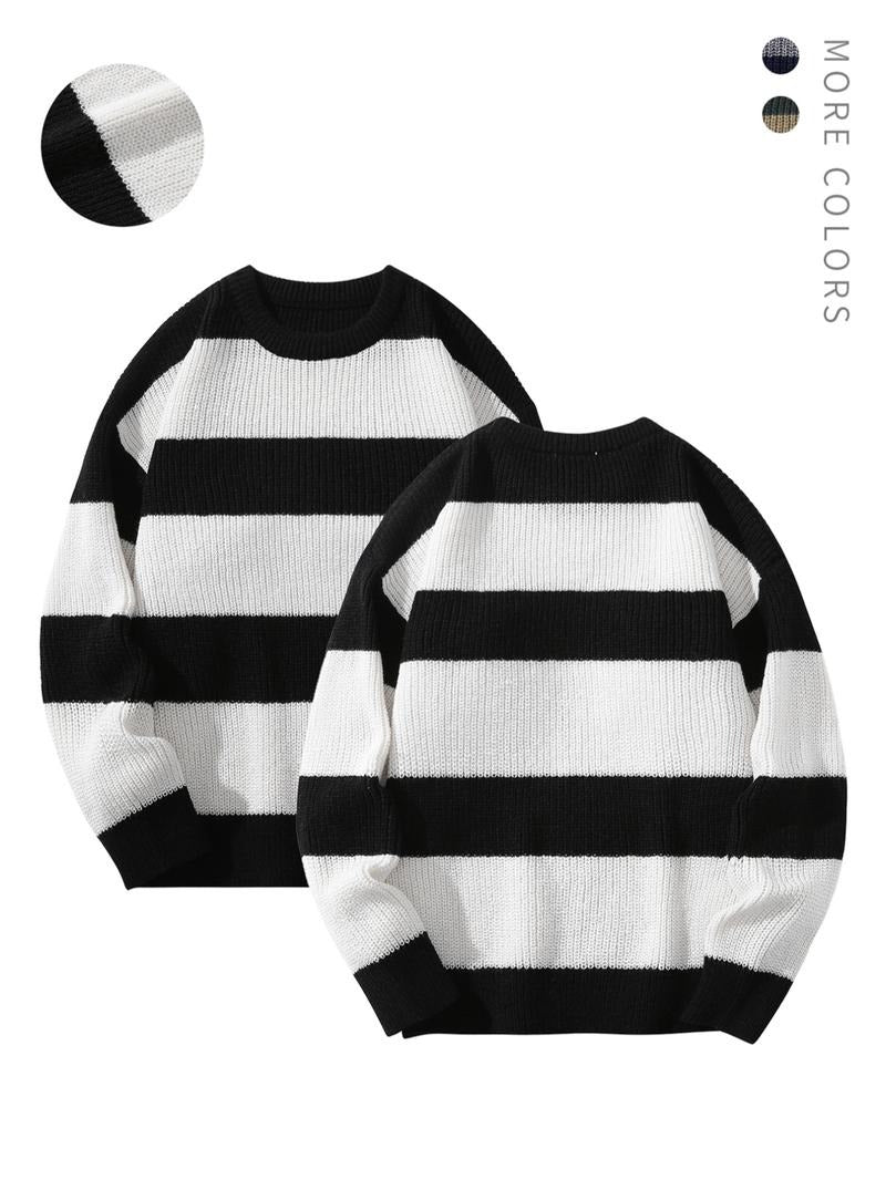 Long sleeve men's knitwear with classic stripes and a comfortable crewneck design.