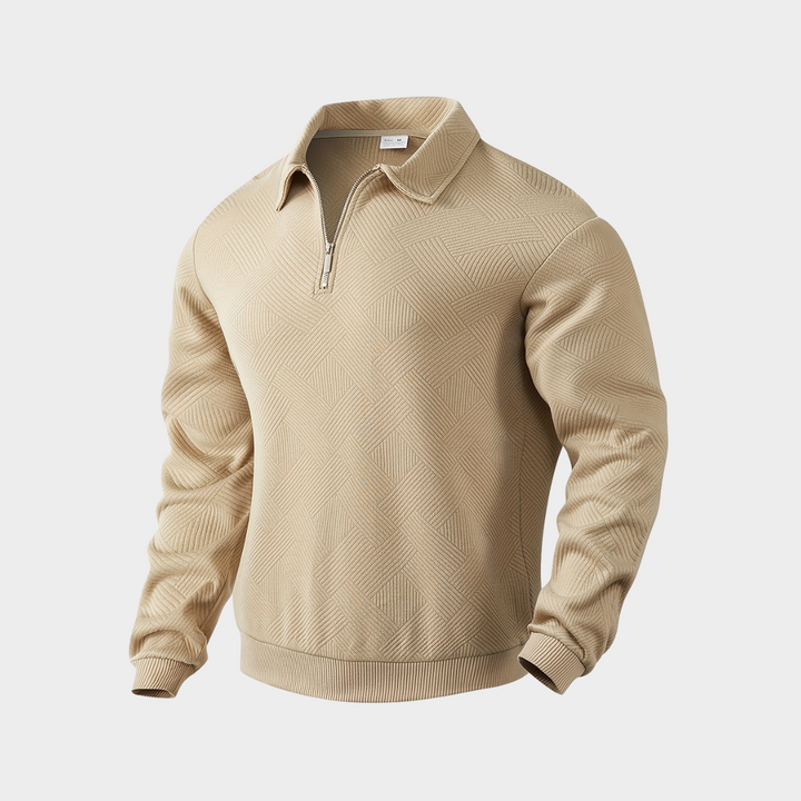 Stylish man wearing a grey textured half zip pullover sweater, showcasing casual menswear