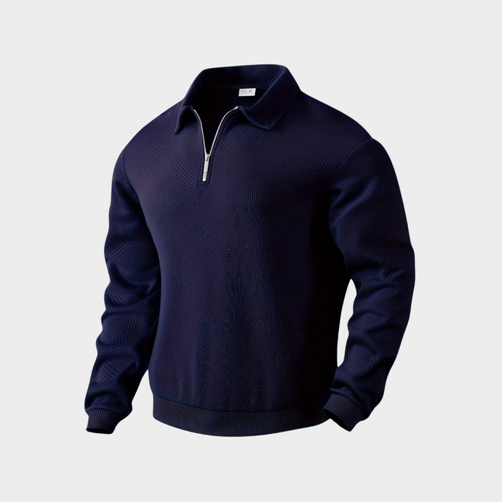 Detail of the half zip closure on a men's textured pullover sweater, a key fashion feature