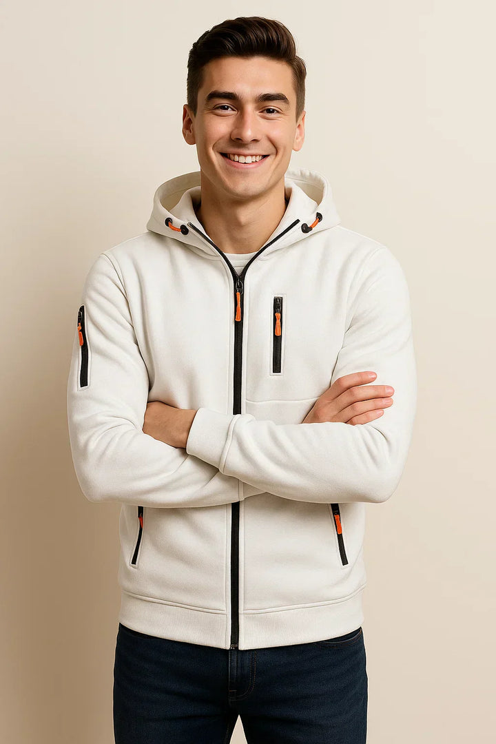 Men's casual zip-front hoodie in heather gray, offering everyday comfort & versatile layering.