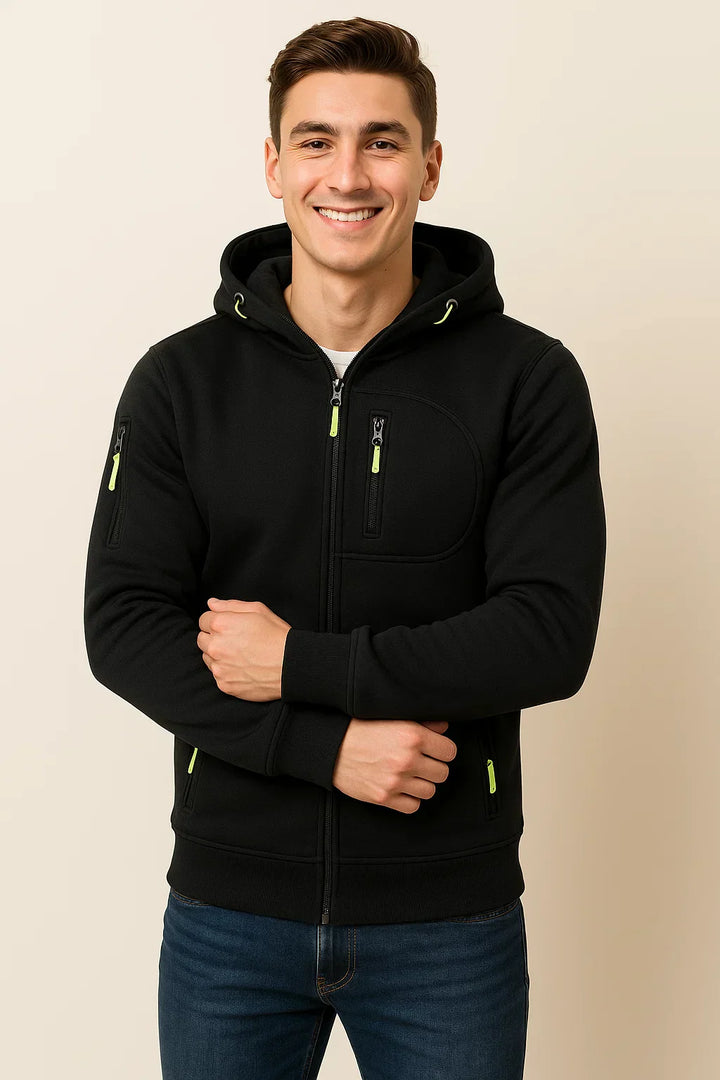 Close-up of a man wearing a black zip-front hoodie, highlighting the soft fabric and comfort.