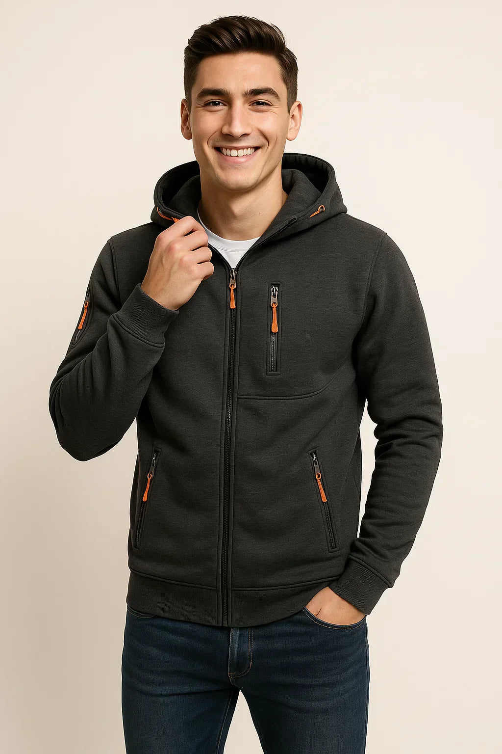 Athletic men's zip-front hoodie, perfect for casual wear or as an all-season layering piece.