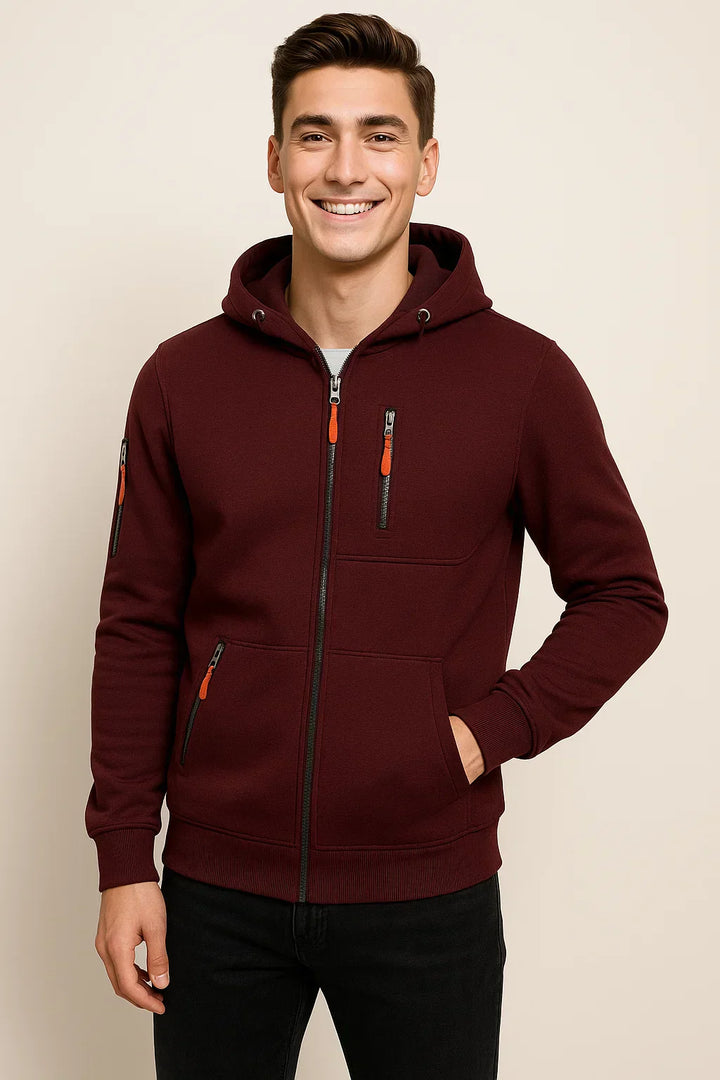 Man's comfortable zip-front hoodie in a deep blue, ideal for casual and versatile outerwear.
