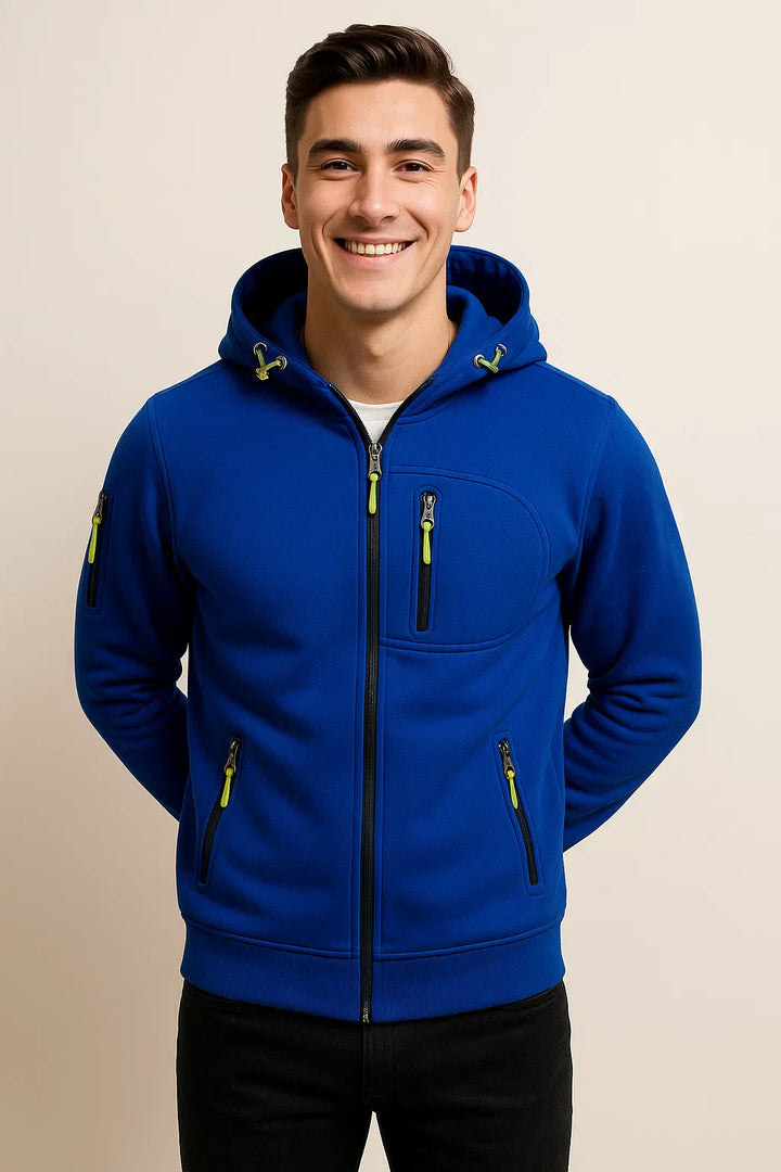 Folded green men's zip-front hoodie, showcasing its soft material and ready for comfort wear.