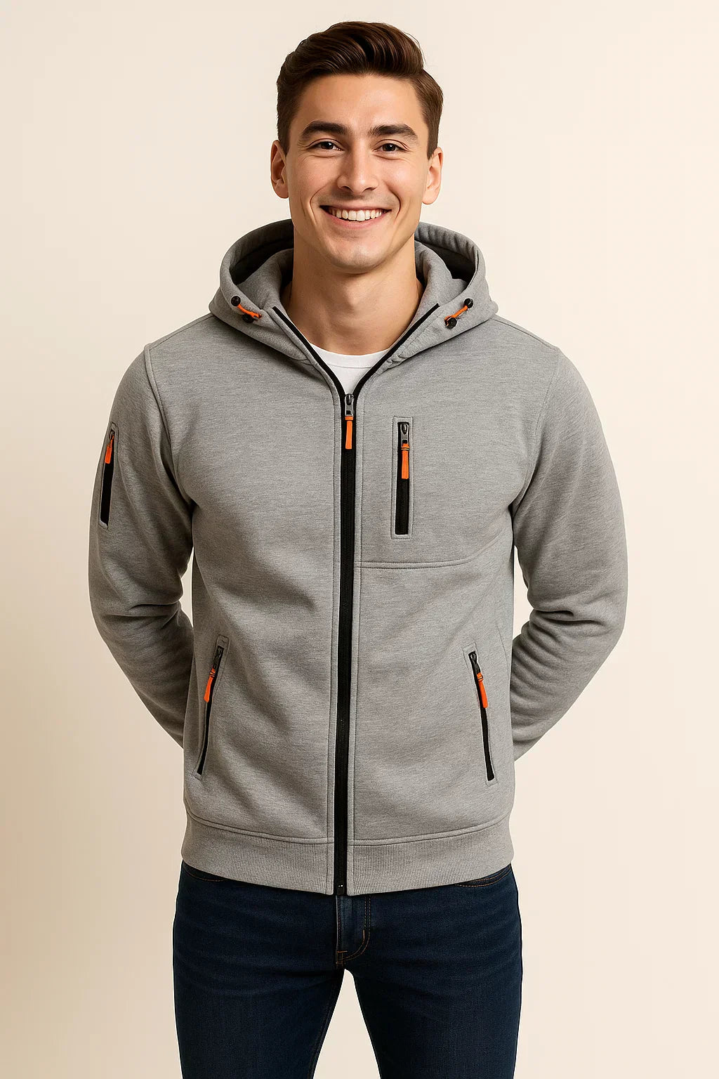 Side view of a man in a relaxed fit zip-front hoodie, demonstrating casual style & versatility.