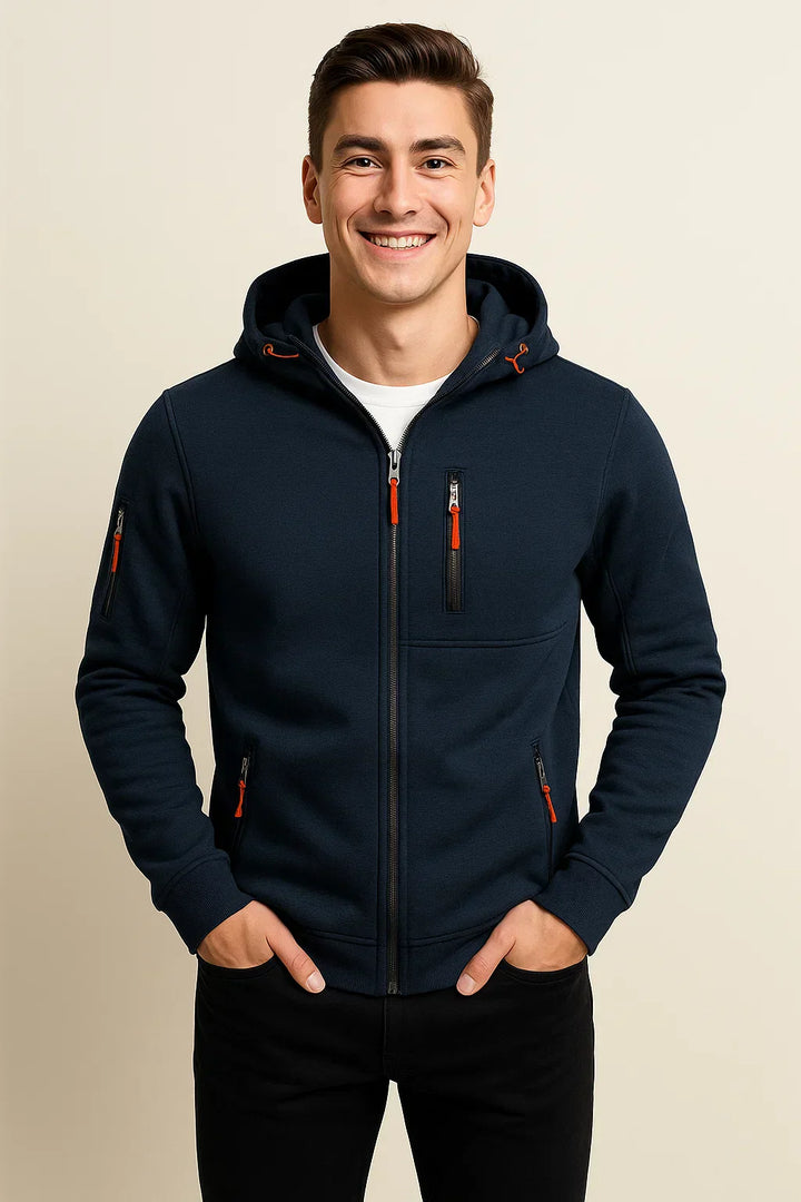 Men's all-season zip-front hoodie in a neutral beige, an essential for layering & everyday comfort.