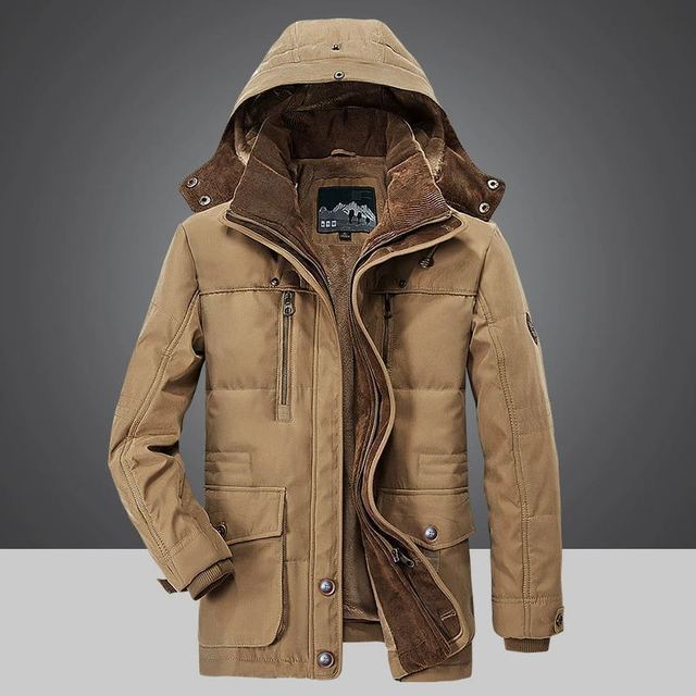 Men's chocolate brown corduroy sherpa lined winter parka with detachable hood, front view