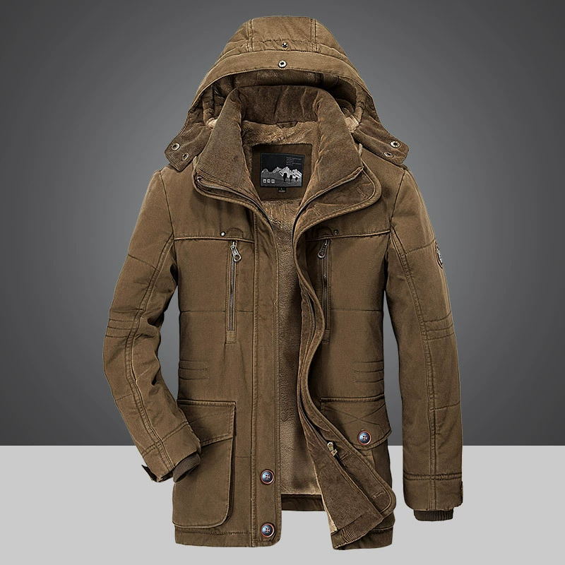 Lifestyle image of a man in a corduroy sherpa parka, suitable for winter fashion and warmth