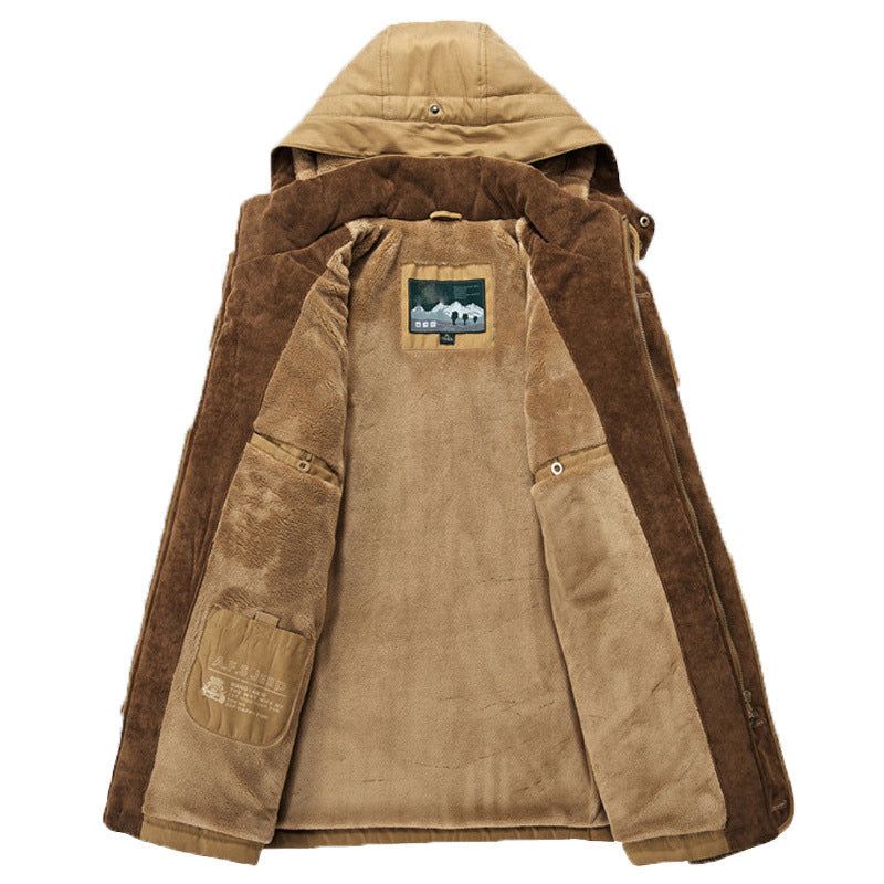 Close-up of the plush sherpa lining inside the men's corduroy winter parka collar and hood