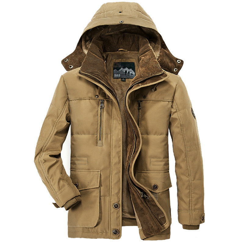Detailed shot of the durable corduroy fabric texture on the men's warm winter parka