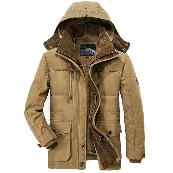 Detailed shot of the durable corduroy fabric texture on the men's warm winter parka