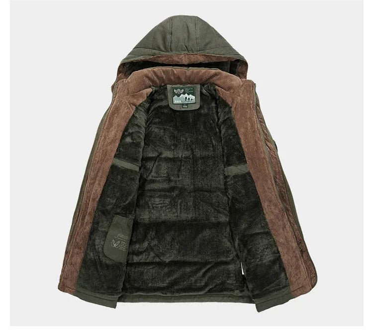 Men's black corduroy sherpa lined parka, side view, showcasing its insulated thickness and warmth