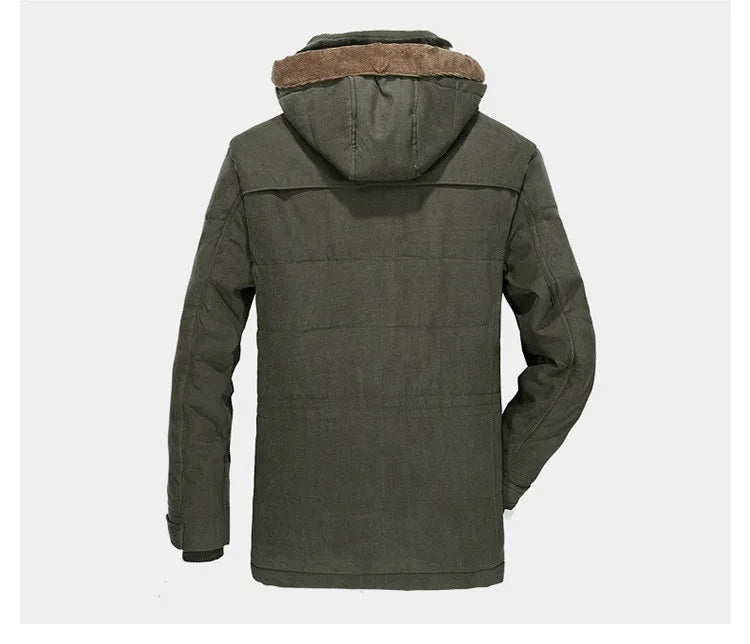 Rear view of the men's corduroy sherpa winter parka, highlighting the detachable hood feature