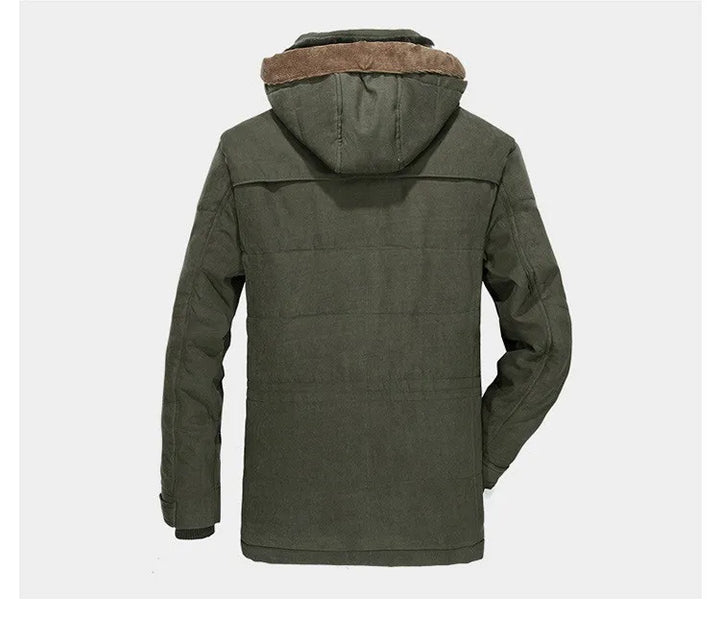 Rear view of the men's corduroy sherpa winter parka, highlighting the detachable hood feature