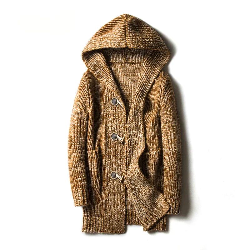 Men's chunky knit hooded cardigan in a dark color, showcasing its texture and warm, casual style.