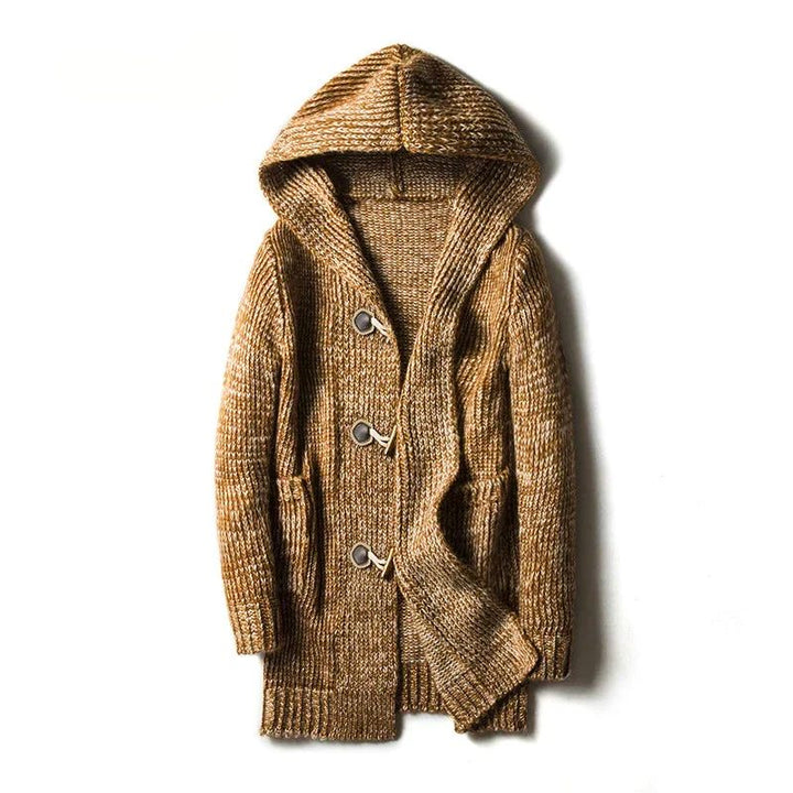 Men's chunky knit hooded cardigan in a dark color, showcasing its texture and warm, casual style.