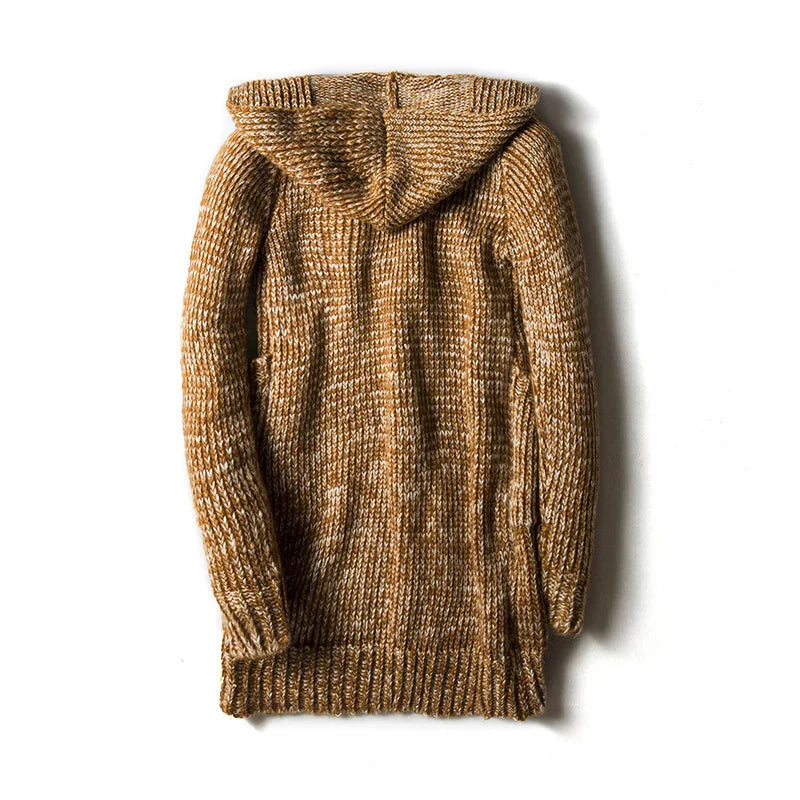 Fashionable men's chunky knit hooded cardigan, open to reveal inner layers, perfect for warm outerwear.