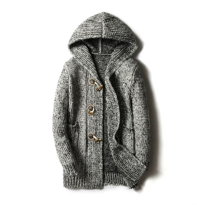 Close-up of a men's chunky knit hooded cardigan, highlighting the detailed knitwear and comfortable fabric.