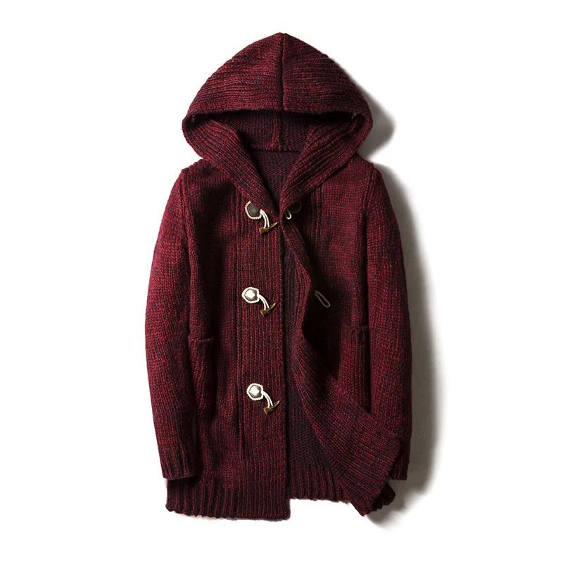 Casual men's chunky knit hooded cardigan, full view, emphasizing its fit and suitability for cold weather.