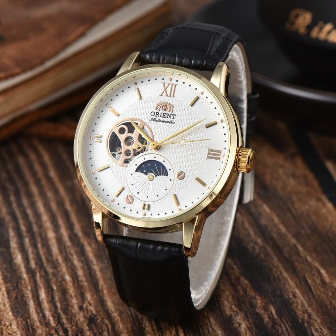 Side view of a men's automatic mechanical watch, highlighting its classic design