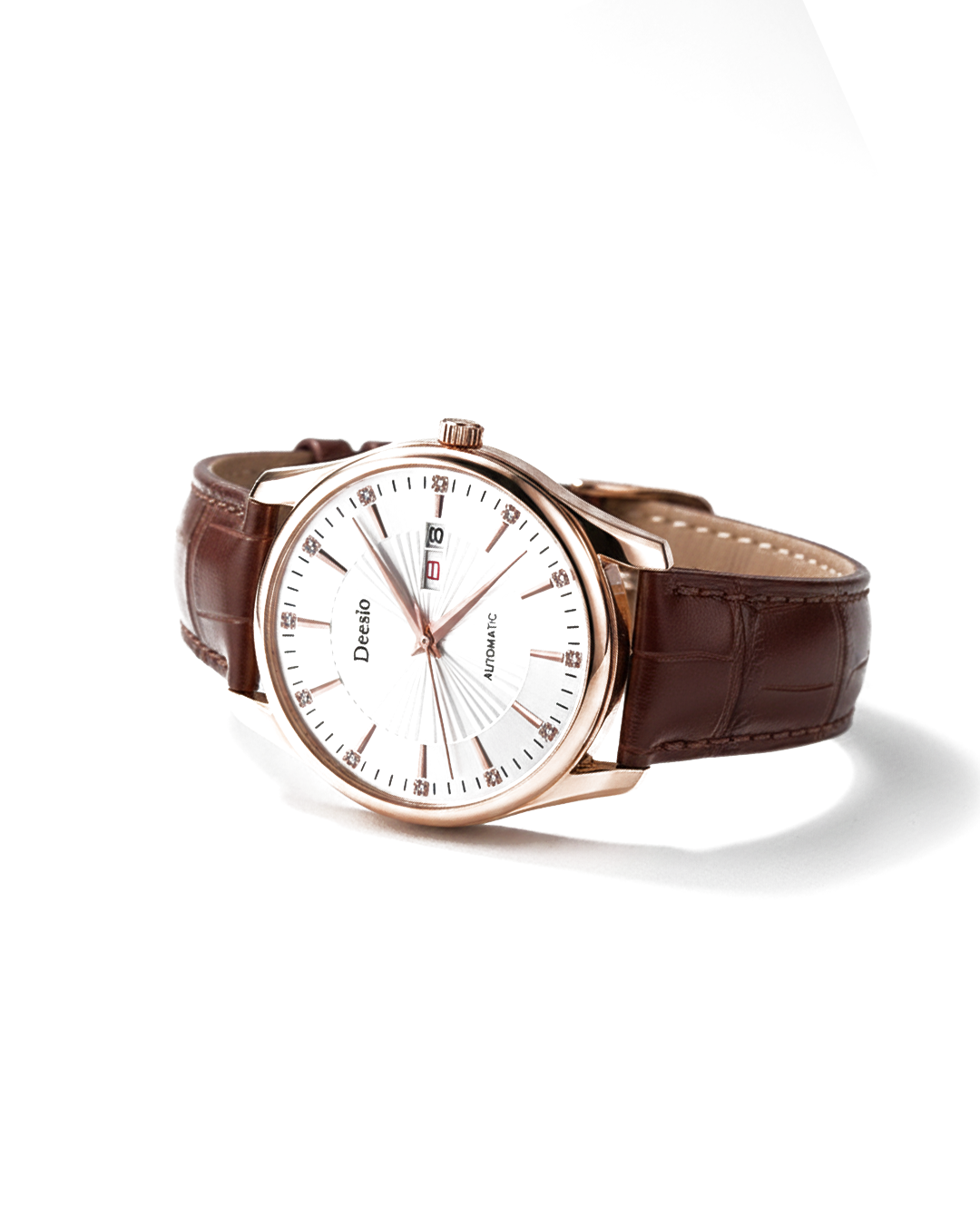 Men's classic automatic watch with brown leather strap and silver case