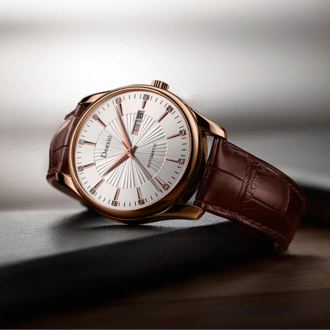 Self-winding men's dress watch, black dial, brown leather band, polished stainless steel case