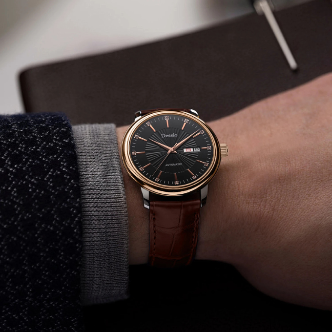 Men's accessory: classic silver-tone automatic watch with dark brown alligator-grain leather strap