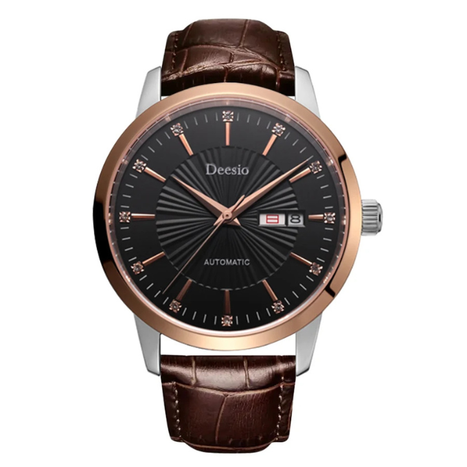 Men's leather watch, automatic movement, featuring a durable and comfortable genuine leather strap