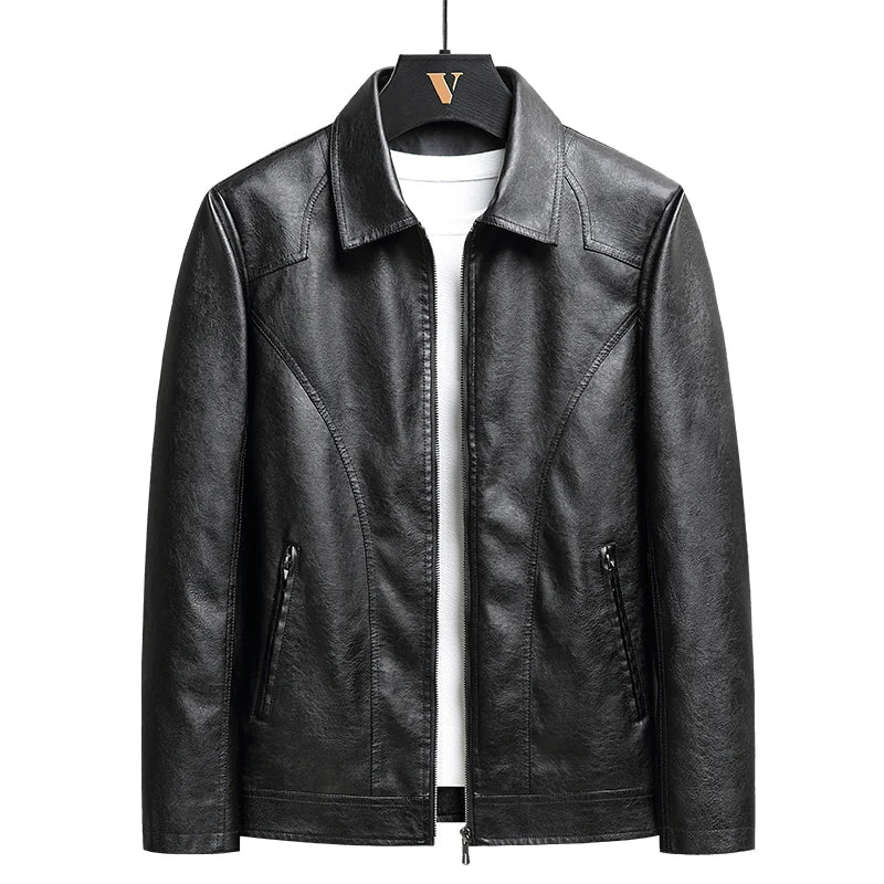 Men's classic black faux leather jacket, tailored fit, turn-down collar, versatile outerwear
