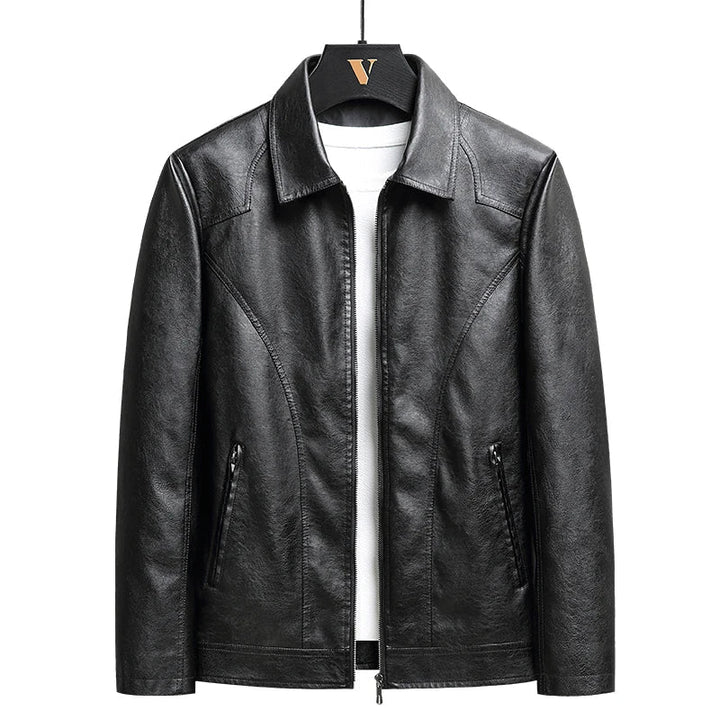 Men's classic black faux leather jacket, tailored fit, turn-down collar, versatile outerwear