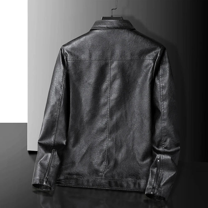 Classic faux leather jacket for men in black, featuring a sleek design and tailored fit