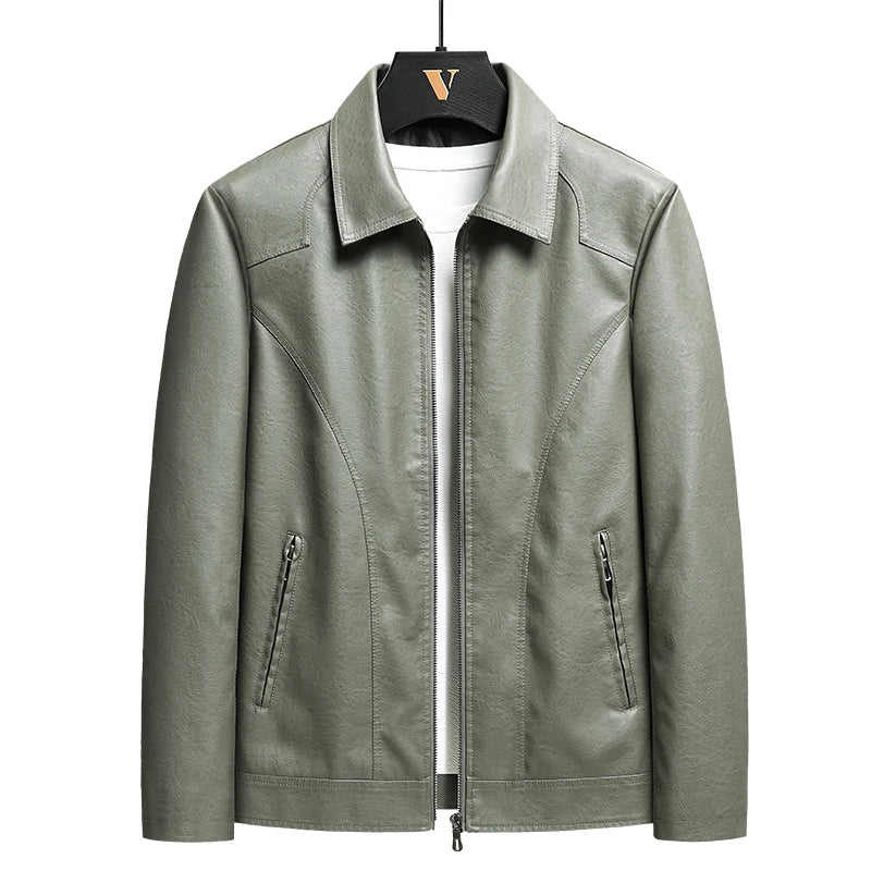 Durable men's outerwear: green faux leather jacket with classic style and turn-down collar