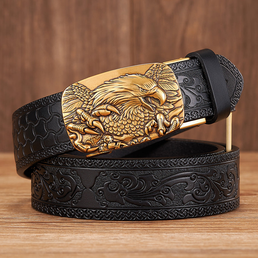Men's classic black leather automatic buckle belt, perfect for formal or casual wear, 100% cowhide.