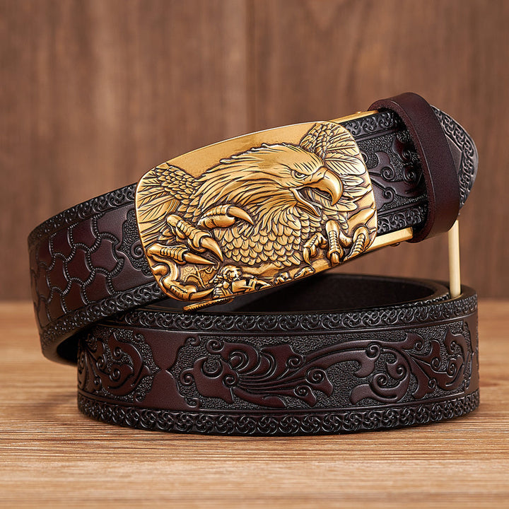 Premium mens brown leather belt with sleek automatic buckle, a versatile fashion accessory for any man.