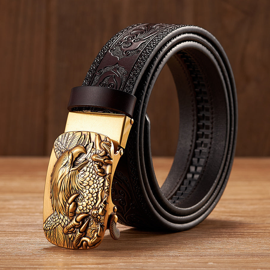 Mens stylish leather dress belt with an innovative automatic buckle, ideal for business or formal events.